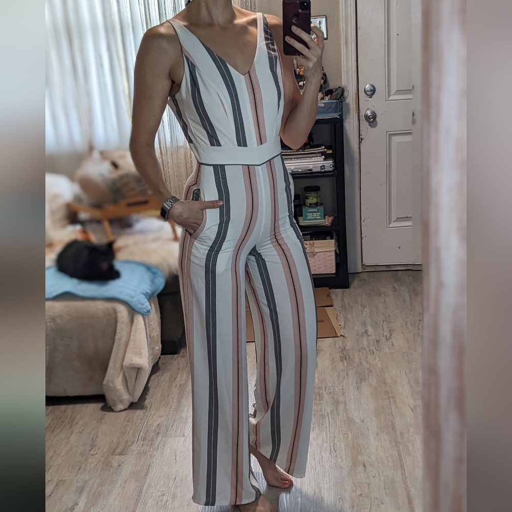 Striped wide leg Crystal Doll white black & pink jumpsuit size small
